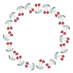 Obraz premium Cherry berries frame. Round seasonal fruit border isolated on white. Summer tropical background. For poster, banner, cover, invitation For text, save date, photo.