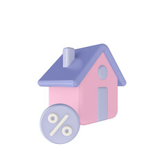 3d render illustration of little house with and percentage icon. Can be used for web and app. Modern trendy design. Isolated on white background.