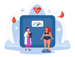 Obesity woman weighing on scale at hospital. Tiny sad girl having health problems or diabetes, consulting with doctor flat vector illustration. Negative impact on stomach. Overweight, disease concept - obrazy, fototapety, plakaty