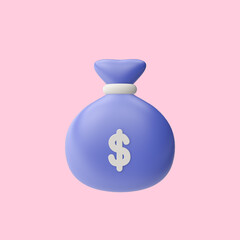 3d render illustration of bag with money. Simple icon for web and app. Modern trendy design. Isolated on pink background.