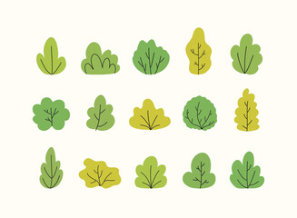 Big bundle of various hand drawn bushes. Vector cartoon illustration. 