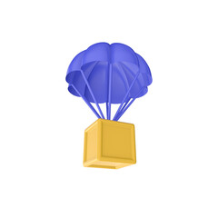 3d render illustration of parachute delivery box. Simple icon for web and app. Modern trendy design. Isolated on white background.