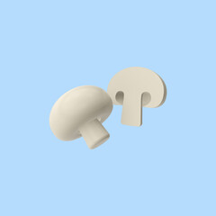 3d render illustration of champignon mushroom. Modern trendy design. Simple icon for web and app. Isolated on blue background.