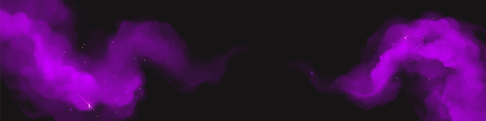 Purple magic dust with sparkles, glitter curve powder clouds, Holi paints horizontal banner template. Violet color splashes on black background, cloud explosion realistic design 3d vector illustration