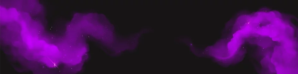 Foto auf Leinwand Purple magic dust with sparkles, glitter curve powder clouds, Holi paints horizontal banner template. Violet color splashes on black background, cloud explosion realistic design 3d vector illustration © klyaksun