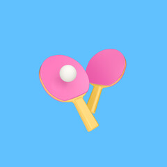 3d render illustration of ping pong, two rackets and a ball. Sports theme. Modern trendy design. Simple icon for web and app. Isolated on blue background.