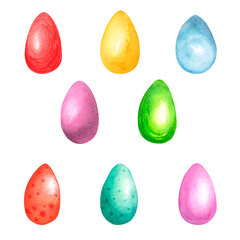 Easter set colored eggs isolated on white. Watercolor hand drawing illustration. Art for design, greeting cards