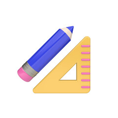 3d render illustration of pencil and ruler. Simple icon for app and web. Modern trendy design. Isolated on white background.