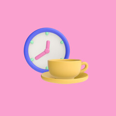 3d render illustration of coffee break. Cup, saucer and clock Modern trendy design. Simple icon for web and app. Isolated on pink background.