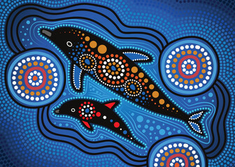 Mother and baby dolphin aboriginal dot painting © rashmisingh