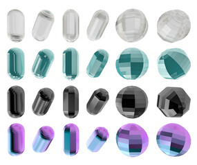 3d render illustration, set of geometric elements. Shapes and objects at different angles. Icons for app and web. Modern trendy design. Pink color.