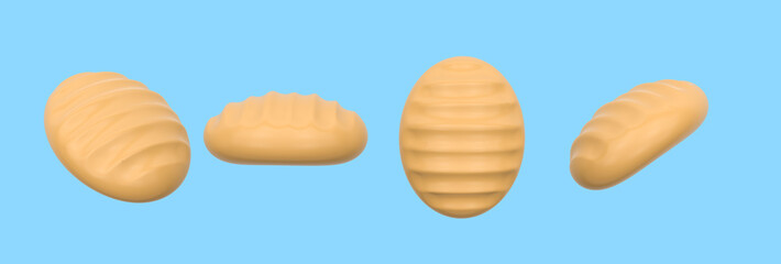 3d render illustration of bun. Simple icon for web and app. View from different sides. Isolated on blue background. Modern trendy design.