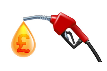 Gas fuel pump with yellow drop and symbol of British pound