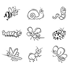 Hand drawn icons set of cute insect in doodle sketch style. Vector illustration for icon, background, frame design.