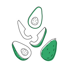 Set of doodle outline avocado with spots. Whole and pieces.