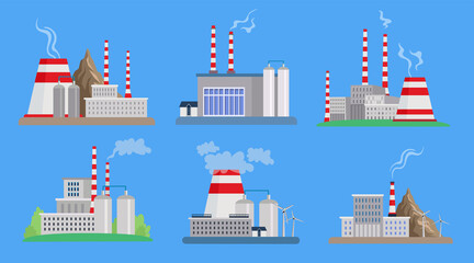Oil, coal or energy factories vector illustrations set. Types of industrial buildings or plants, power stations isolated on blue background. Industry, production, electricity, environment concept