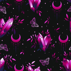Elegant celestial seamless pattern with butterflies. Boho magic background with space elements stars, butterflies, herbs and crystals. 