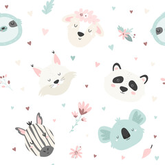Seamless pattern with cute animals and floral elements