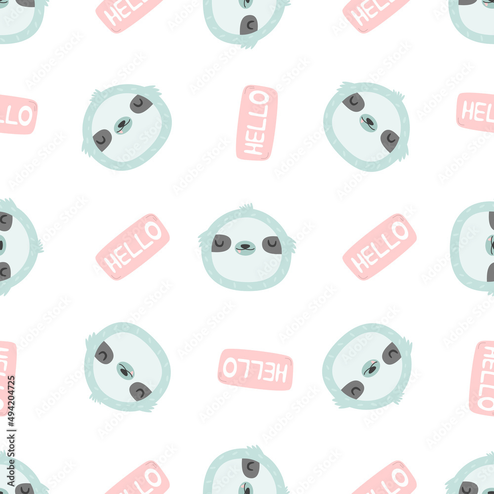 Wall mural seamless pattern with funny sloth and lettering text hello