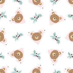 Obraz premium Seamless pattern with funny teddy bears and forest twigs