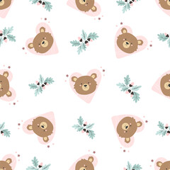 Seamless pattern with funny teddy bears and forest twigs