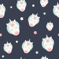 Seamless pattern with adorable unicorns and stars
