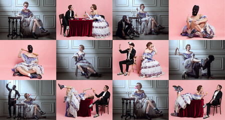 Collage made of cinematic portraits of young adorable woman in image of medieval royal person in evening dress with servant isolated on vintage and pink background. - obrazy, fototapety, plakaty