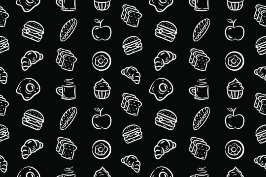 Food seamless pattern doodles icon set hand drawn cartoon illustration collection for restaurants, cafe, menu, textile print
