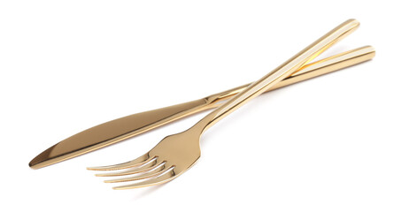 Golden fork and knife on white background
