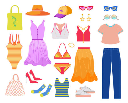 Trendy female summer clothes flat vector illustrations set. Collection of beach clothes, shoes and accessories, dress, skirt, hat, jeans or trousers on white background. Fashion, vacation concept