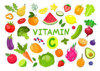 Fruit and vegetable with vitamin C vector illustrations set. Collection of cartoon drawings of enriched organic antioxidants, avocado, carrot, apricot, cucumber, lemon. Food, nutrition, diet concept