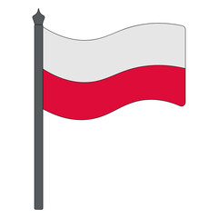 Flag of Poland. Vector illustration. The fabric is decorated with two stripes. The national symbol of the state develops in the wind. Cartoon style. Isolated background. Political themes. 