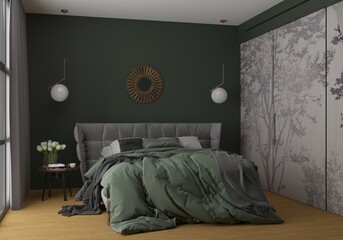 Bedroom with a window, minimalism, with a double bed, bedside tables, a green wall, paintings. 3d render of a bedroom