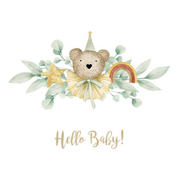 Watercolor illustration card hello baby with bear in hat, rainbow, eucalyptus. Isolated on white background. Hand drawn clipart. Perfect for card, postcard, tags, invitation, printing, wrapping.