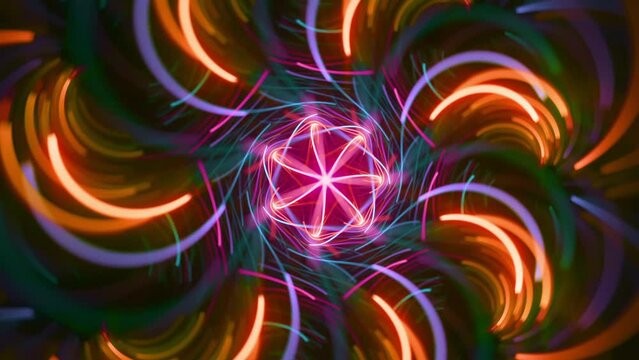 Kaleidoscope floral fractal abstract - vintage neon nostalgia - seamless looping music vj colorful chaotic streaming backdrop art.