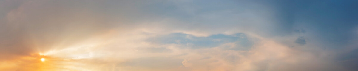 Dramatic panorama sky with cloud on sunrise and sunset time. Panoramic image..