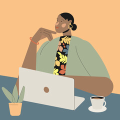 Smiling woman girl talking working with colleagues during videoconference vector illustration. People making home office. Man enjoying online communication.