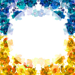 Frame of flowers in blue and yellow colors of the Ukrainian flag . (war in Ukraine - concept)