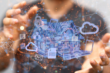 home iot - Neural network 3D illustration. Big data and cybersecurity