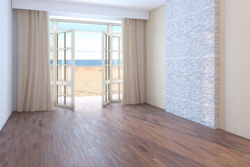 Fototapeta premium Hotel with Sea View. Empty Room with Open Windows Overlooking the Ocean, Yellow Sand and the Clouds. Dark Parquet, Beige Curtains and a Beige Stucco Wall with a Brickwork. 3D Rendering, 8K Ultra HD