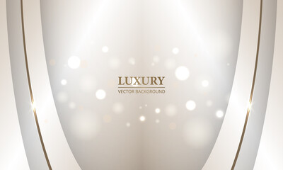 Abstract festive elegant realistic beige luxury background with gold line and bokeh light effect. Vector illustration