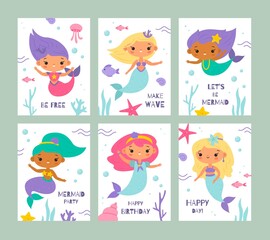 Cute mermaids cards. Girly birthday posters, funny little underwater princesses, seaweed and fishes, kids ocean fairy creatures, inspirational text, childish prints vector cartoon set