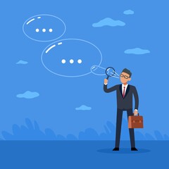 Empty promises. Man blowing soap bubbles. Scammer deceives. Lies and bragging. Impostor and liar. Boastful businessman. Deception of trust. Swindler talking falsehood. Vector concept