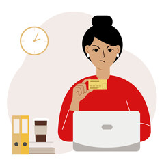 A woman with a laptop in her hand holds a bank card. Transaction rejection concept. Vector