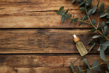 Bottle of eucalyptus essential oil and plant branches on wooden background, flat lay. Space for text