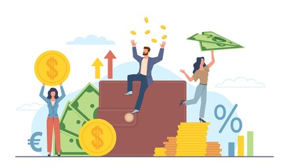 Tiny people with money. Rich persons with big wallet, banknotes and gold coins, different world currencies, exchange rate, saving and investing, vector cartoon flat finance concept