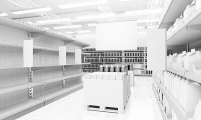 Fototapeta na wymiar Blank product box with white hangers, Shelves in supermarket, Banner hangging in store, 3D rendering