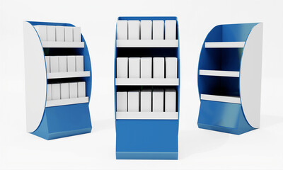 Blue POS Cardboard Floor Display Rack, Blank Empty Advertisement Stand Mock Up, 3D rendering