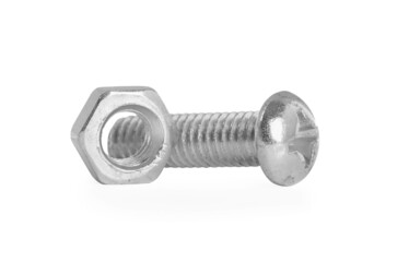 Metal carriage bolt and hex nut on white background