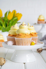 Cute Easter chick cupcakes. Vanilla cupcakes with buttercream on a white stand with fresh flowers on a white wooden background. Copy space.